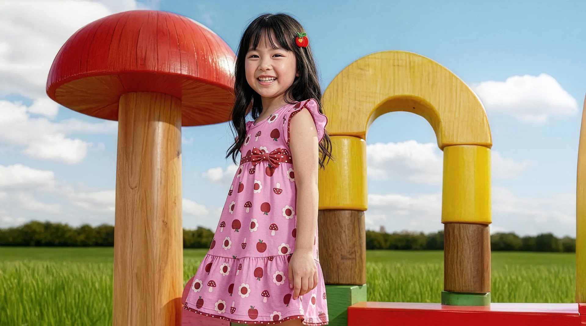 Niña con vestido rosado jugando entre formas de madera