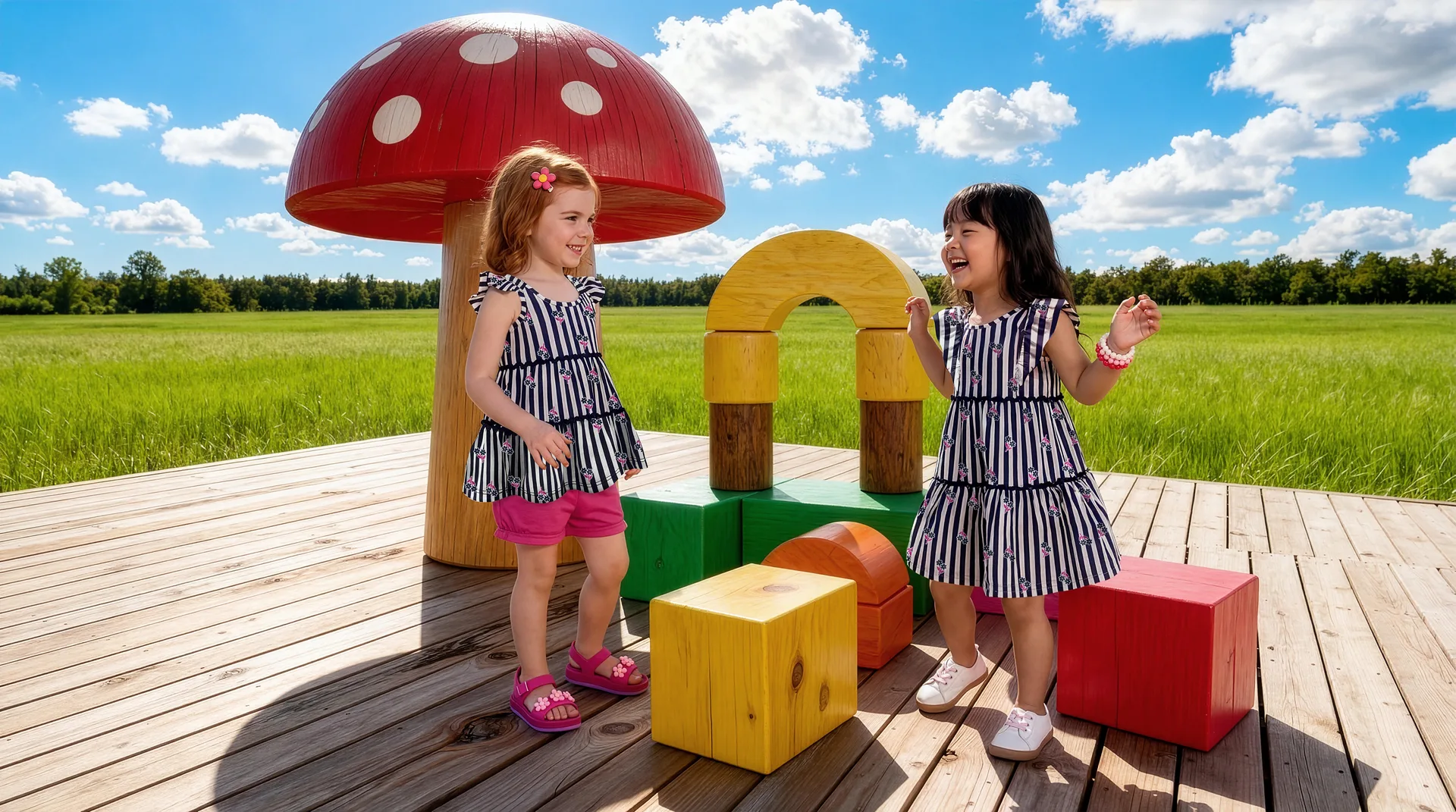 Dos niñas riendo y jugando con grandes bloques de colores
